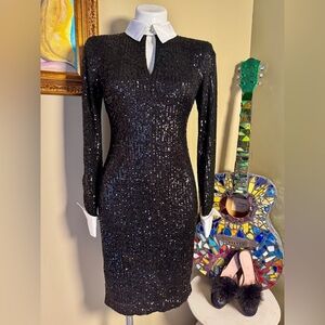 Karl Lagerfeld Black Sequin Long-Sleeve Dress with White Collar & French Cuffs